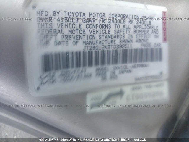 JT2BG12K9T0398511 - 1996 TOYOTA CAMRY DX/LE/XLE Pewter photo 9