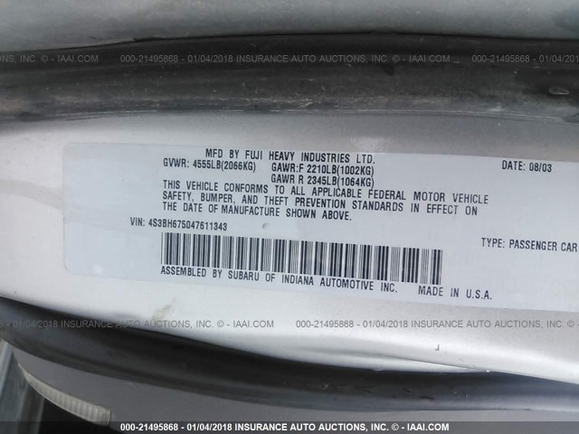 4S3BH675047611343 - 2004 SUBARU LEGACY OUTBACK AWP 银色 照片 9