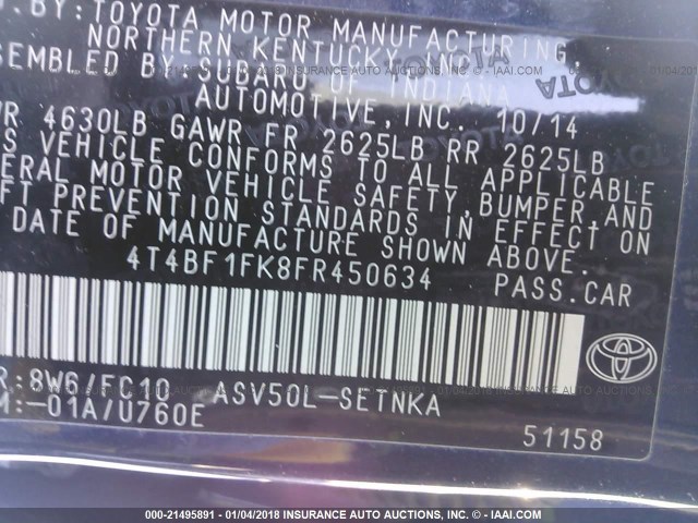 4T4BF1FK8FR450634 - 2015 TOYOTA CAMRY LE/XLE/SE/XSE ლურჯი ფოტო 9