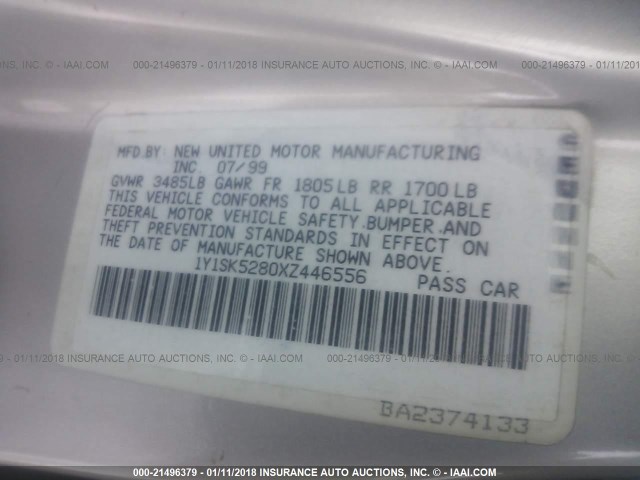 1Y1SK5280XZ446556 - 1999 CHEVROLET GEO PRIZM LSI SILVER photo 9