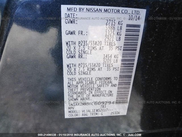 5N1AR2MN9FC609294 - 2015 NISSAN PATHFINDER S/SV/SL/PLATINUM 蓝色 照片 9