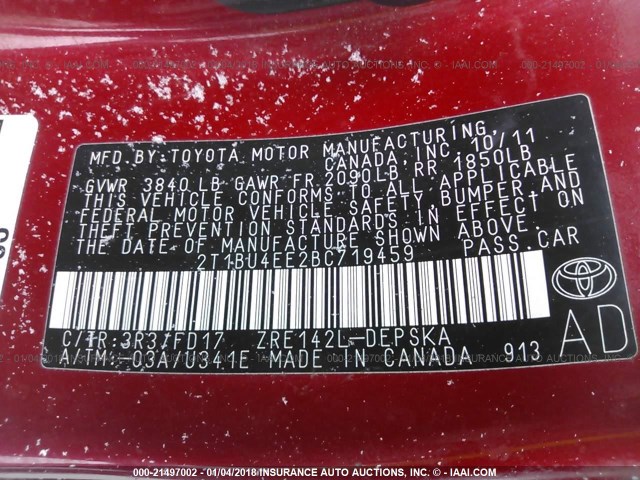 2T1BU4EE2BC719459 - 2011 TOYOTA COROLLA S/LE RED photo 9