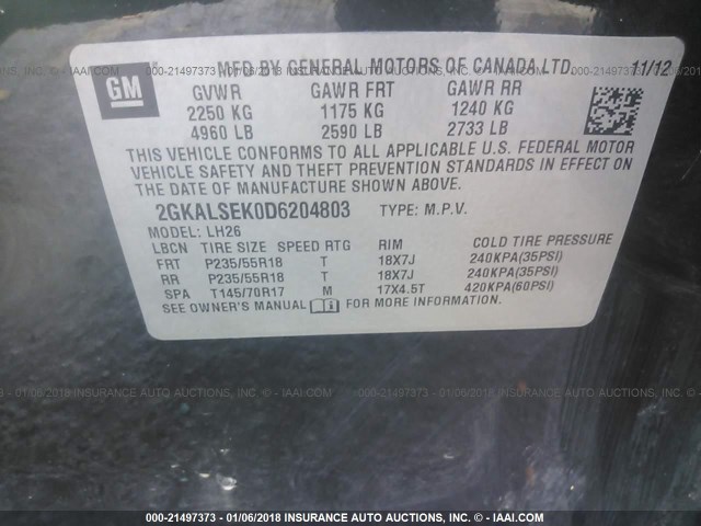 2GKALSEK0D6204803 - 2013 GMC TERRAIN SLE BLACK photo 9