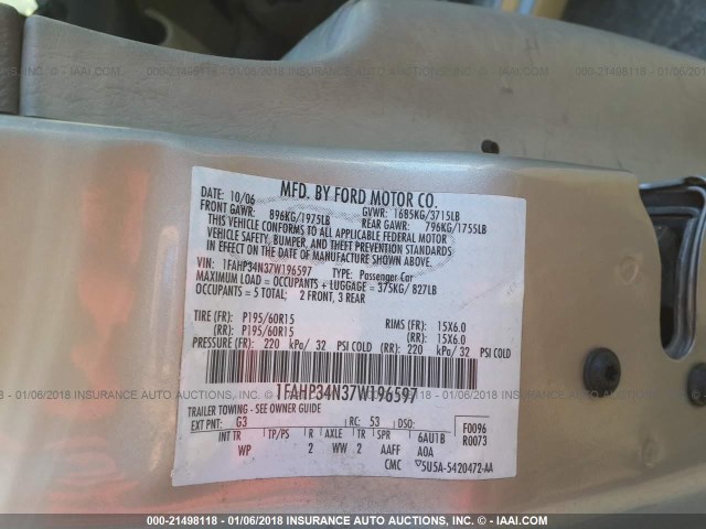 1FAHP34N37W196597 - 2007 FORD FOCUS ZX4/S/SE/SES 金色 照片 9