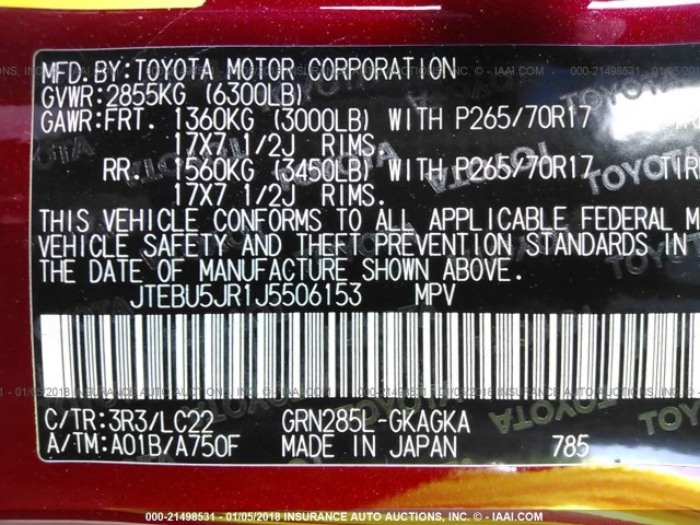 JTEBU5JR1J5506153 - 2018 TOYOTA 4RUNNER SR5 PREM/LTDL/TRAIL/TRD RED photo 9