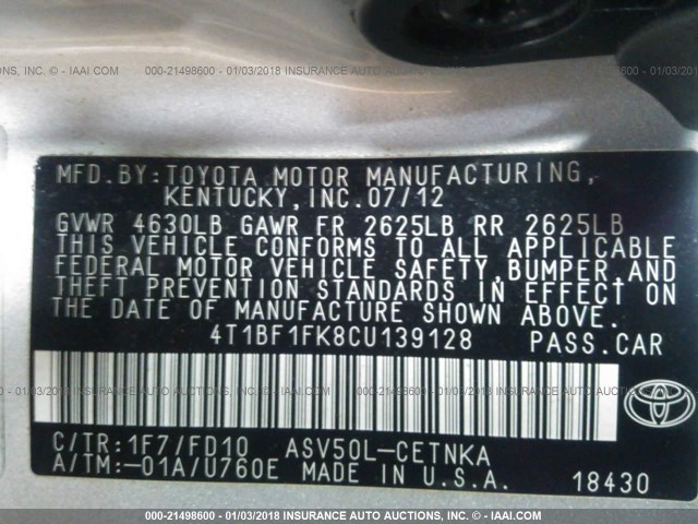 4T1BF1FK8CU139128 - 2012 TOYOTA CAMRY SE/LE/XLE SILVER photo 9