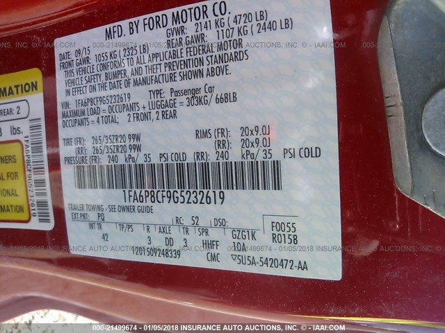 1FA6P8CF9G5232619 - 2016 FORD MUSTANG GT RED photo 9