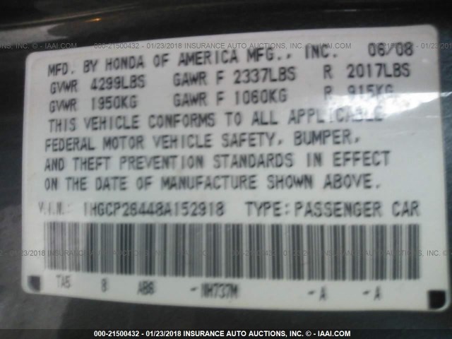 1HGCP26448A152918 - 2008 HONDA ACCORD LXP GRAY photo 9