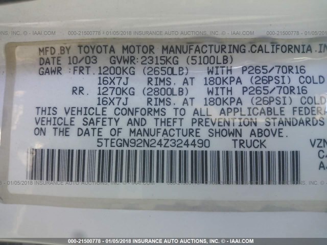 5TEGN92N24Z324490 - 2004 TOYOTA TACOMA DOUBLE CAB PRERUNNER WHITE photo 9