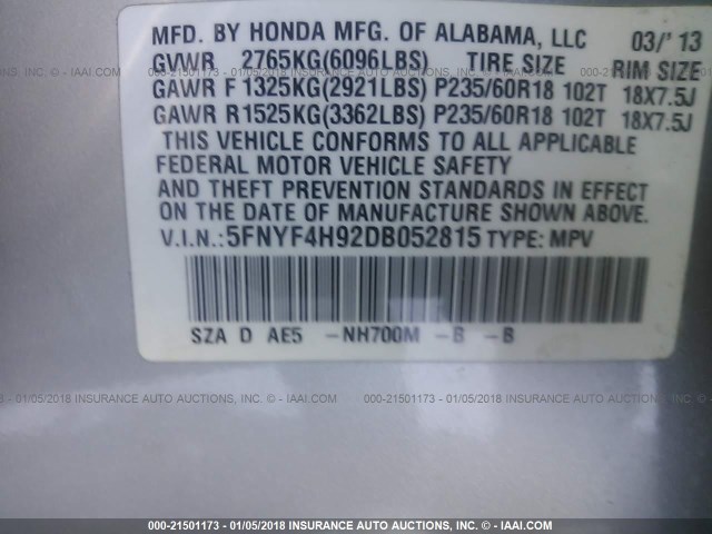 5FNYF4H92DB052815 - 2013 HONDA PILOT TOURING SILVER photo 9