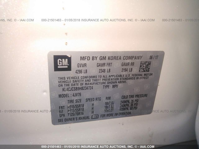 KL4CJCSB9HB234724 - 2017 BUICK ENCORE ESSENCE WHITE photo 9