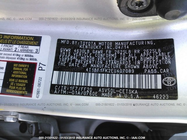 4T1BF1FK2EU407089 - 2014 TOYOTA CAMRY L/SE/LE/XLE 银色 照片 9