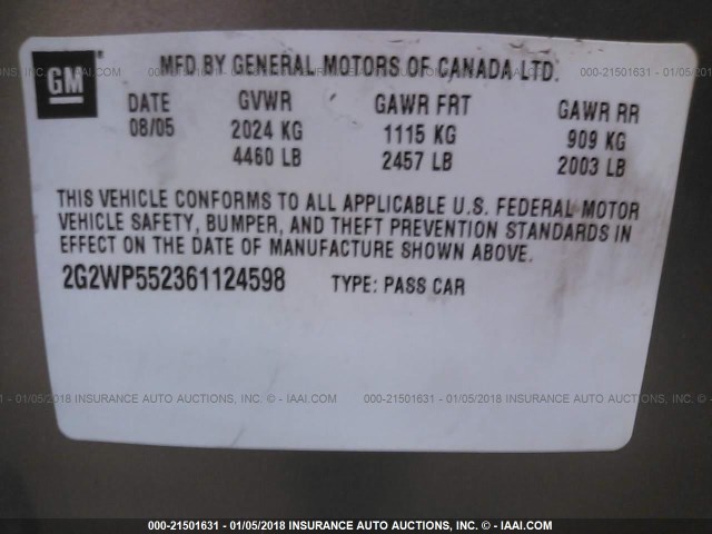 2G2WP552361124598 - 2006 PONTIAC GRAND PRIX GOLD photo 9