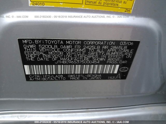 JTHBC96S375000454 - 2007 LEXUS GS 450H SILVER photo 9