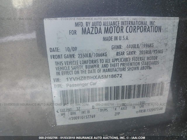 1YVHZ8BHXA5M18672 - 2010 MAZDA 6 I GRAY photo 9