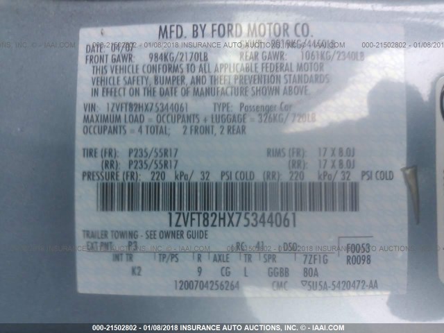 1ZVFT82HX75344061 - 2007 FORD MUSTANG GT BLUE photo 9