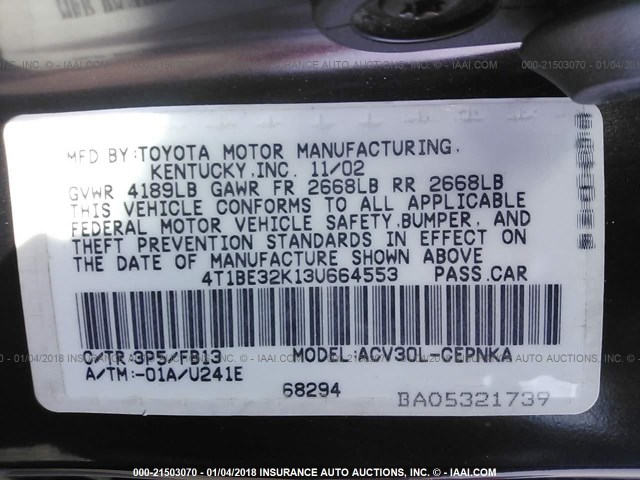 4T1BE32K13U664553 - 2003 TOYOTA CAMRY LE/XLE/SE იასამნისფერი ფოტო 9