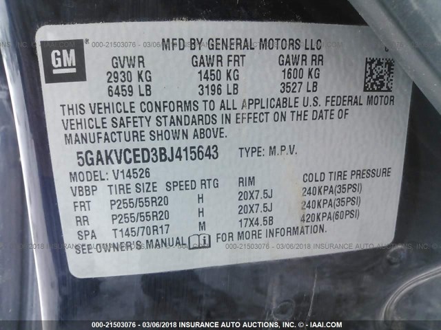 5GAKVCED3BJ415643 - 2011 BUICK ENCLAVE CXL მუქი ლურჯი ფოტო 9
