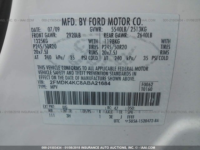 2FMDK4KC8ABA21684 - 2010 FORD EDGE LIMITED WHITE photo 9