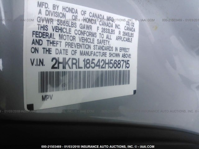 2HKRL18542H568715 - 2002 HONDA ODYSSEY LX SILVER photo 9