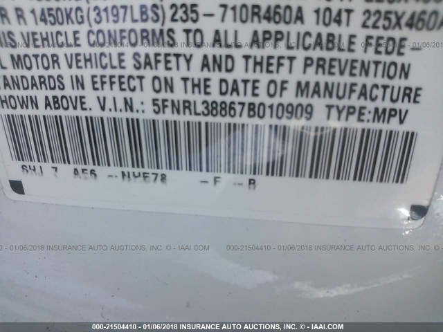 5FNRL38867B010909 - 2007 HONDA ODYSSEY TOURING WHITE photo 9