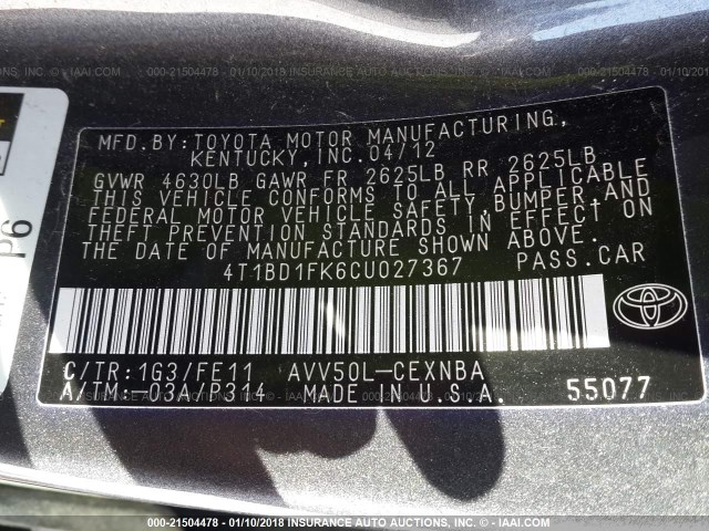 4T1BD1FK6CU027367 - 2012 TOYOTA CAMRY HYBRID/LE/XLE 灰色 照片 9