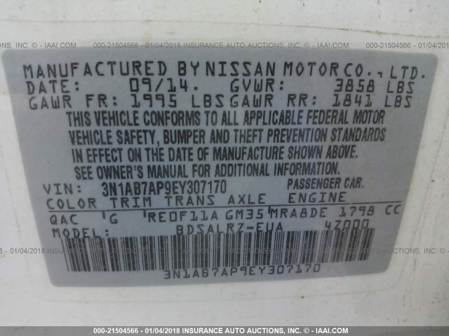 3N1AB7AP9EY307170 - 2014 NISSAN SENTRA S/SV/SR/SL WHITE photo 9