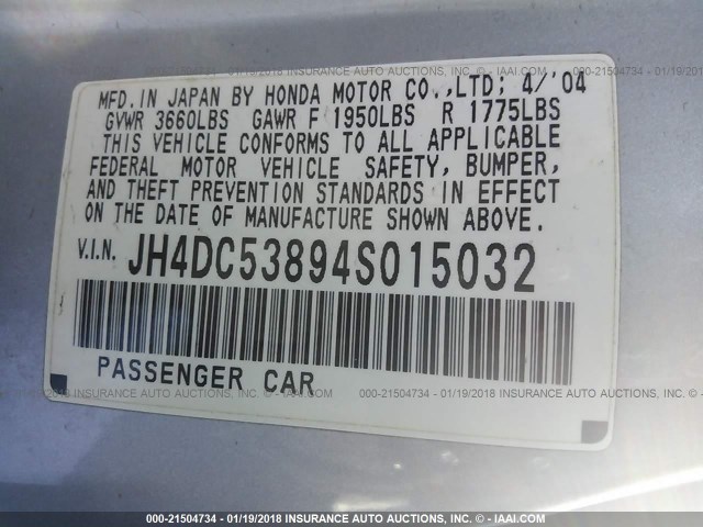 JH4DC53894S015032 - 2004 ACURA RSX SILVER photo 9