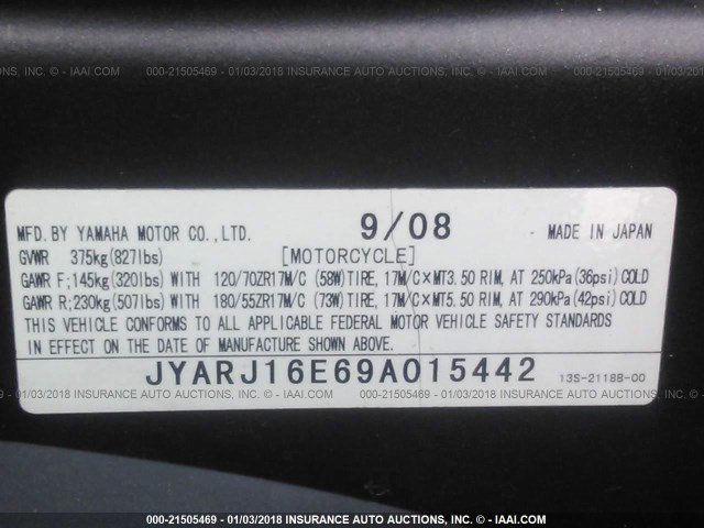 JYARJ16E69A015442 - 2009 YAMAHA YZFR6 BLACK photo 10