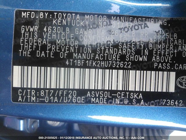 4T1BF1FK2HU732622 - 2017 TOYOTA CAMRY LE/XLE/SE/XSE ლურჯი ფოტო 9