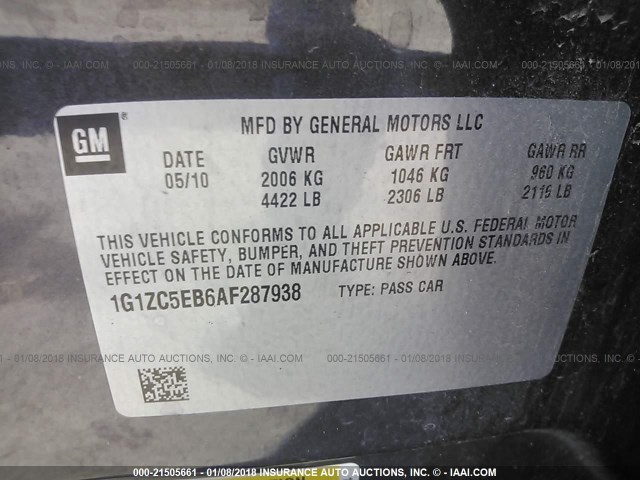 1G1ZC5EB6AF287938 - 2010 CHEVROLET MALIBU 1LT 灰色 照片 9