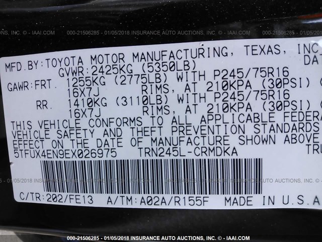 5TFUX4EN9EX026975 - 2014 TOYOTA TACOMA ACCESS CAB Қара фото 9