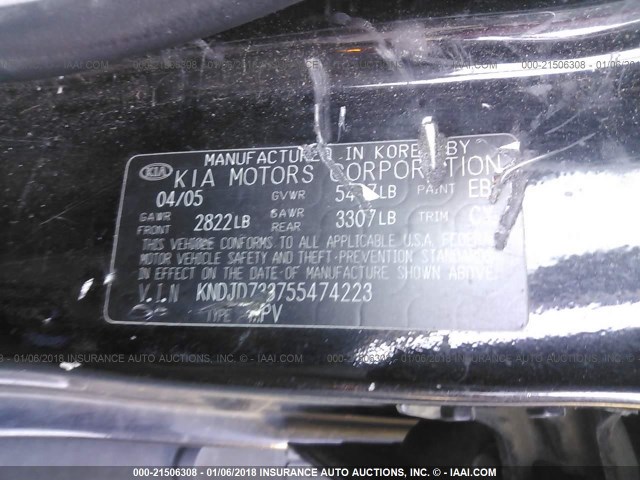 KNDJD733755474223 - 2005 KIA SORENTO EX/LX BLACK photo 9