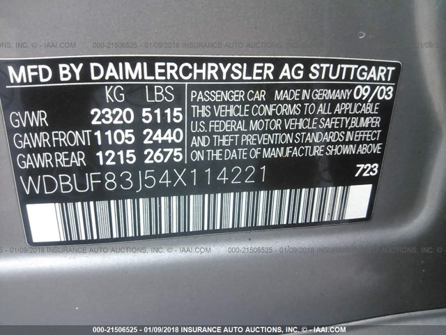 WDBUF83J54X114221 - 2004 MERCEDES-BENZ E 500 4MATIC GRAY photo 9