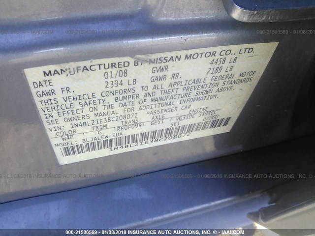 1N4BL21E38C208072 - 2008 NISSAN ALTIMA 3.5SE/3.5SL GRAY photo 9