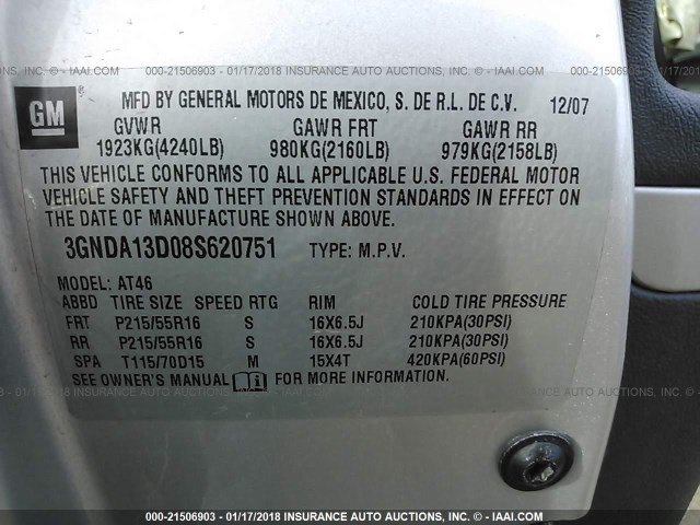 3GNDA13D08S620751 - 2008 CHEVROLET HHR LS 银色 照片 9