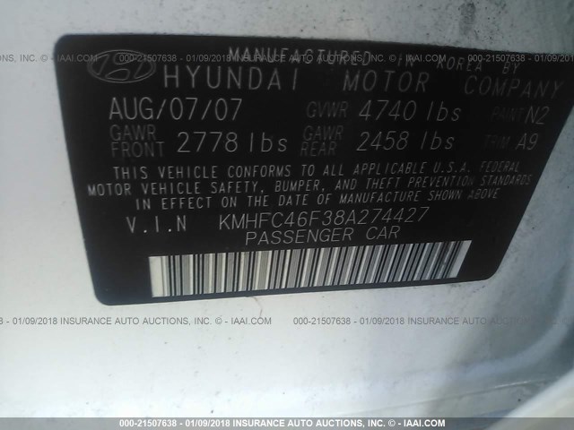 KMHFC46F38A274427 - 2008 HYUNDAI AZERA SE/LIMITED WHITE photo 9