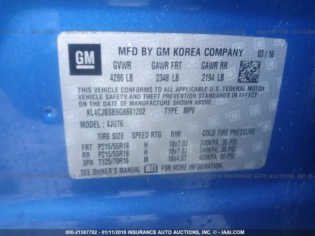 KL4CJBSB9GB661202 - 2016 BUICK ENCORE CONVENIENCE 蓝色 照片 9