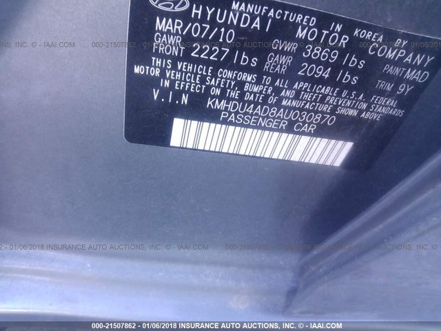 KMHDU4AD8AU030870 - 2010 HYUNDAI ELANTRA BLUE/GLS/SE GRAY photo 9