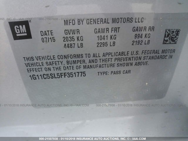 1G11C5SL5FF351775 - 2015 CHEVROLET MALIBU 1LT SILVER photo 9