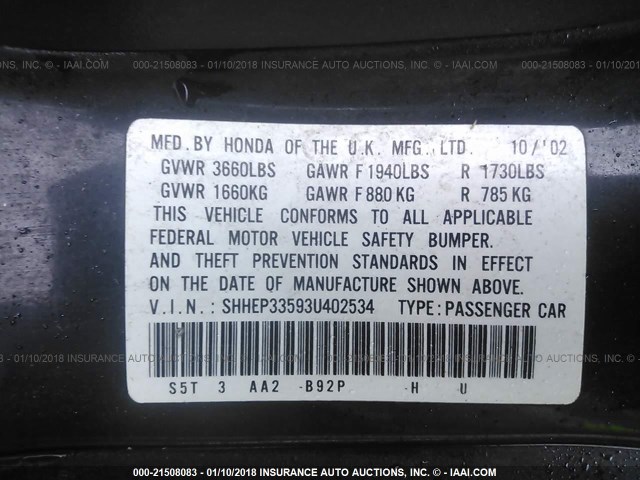 SHHEP33593U402534 - 2003 HONDA CIVIC SI BLACK photo 9