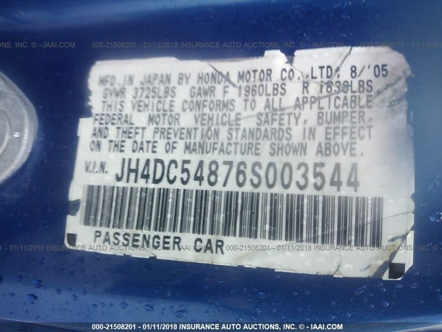 JH4DC54876S003544 - 2006 ACURA RSX BLUE photo 9