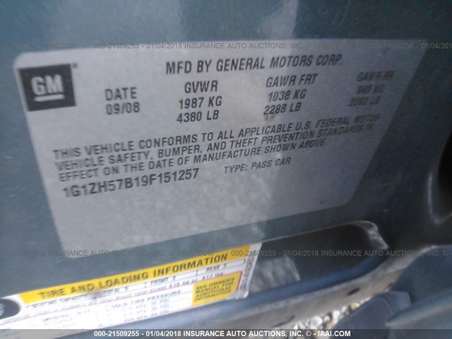 1G1ZH57B19F151257 - 2009 CHEVROLET MALIBU 1LT 绿色 照片 9