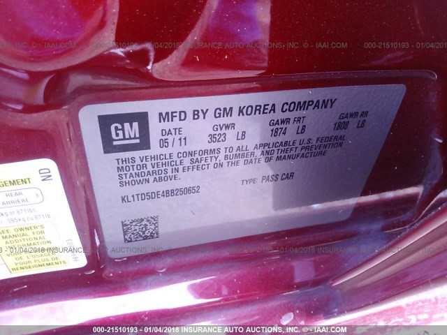 KL1TD5DE4BB250652 - 2011 CHEVROLET AVEO LS/LT 红色 照片 9