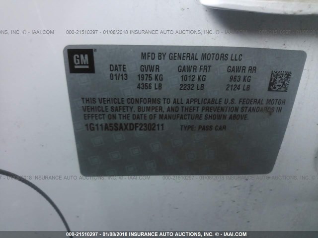 1G11A5SAXDF230211 - 2013 CHEVROLET MALIBU LS 白色 照片 9