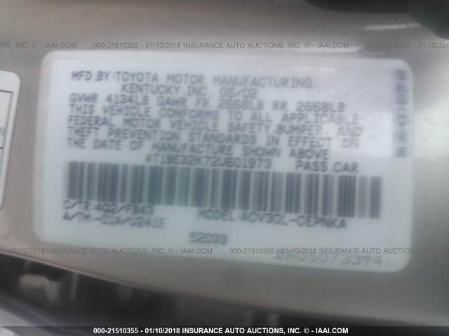 4T1BE32K72U601973 - 2002 TOYOTA CAMRY LE/XLE/SE GOLD photo 9