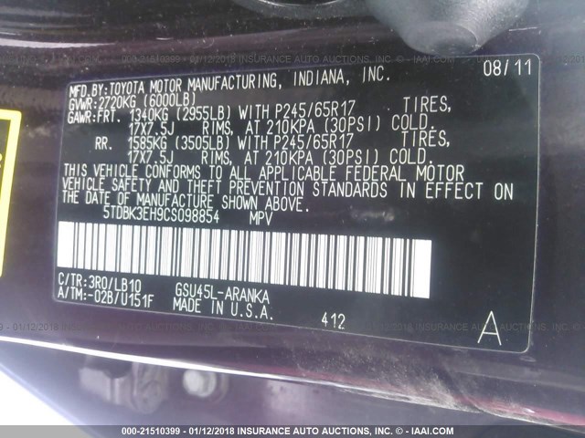 5TDBK3EH9CS098854 - 2012 TOYOTA HIGHLANDER SE PURPLE photo 9