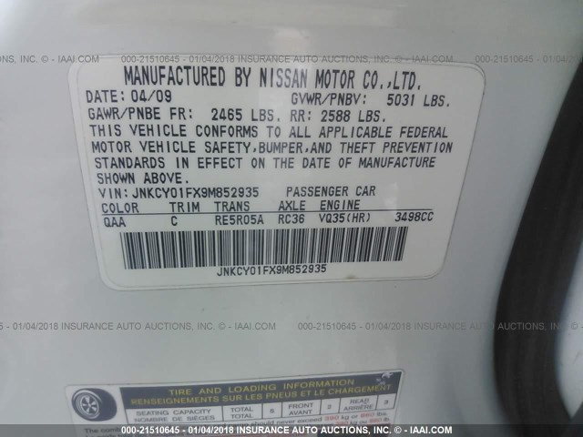 JNKCY01FX9M852935 - 2009 INFINITI M35 SPORT WHITE photo 9