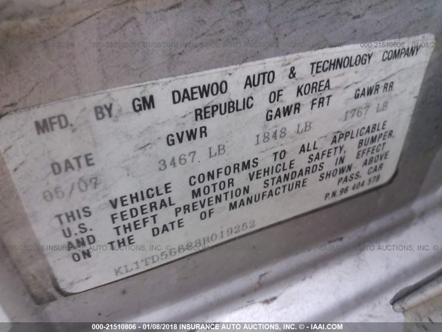 KL1TD56688B019252 - 2008 CHEVROLET AVEO LS 银色 照片 9