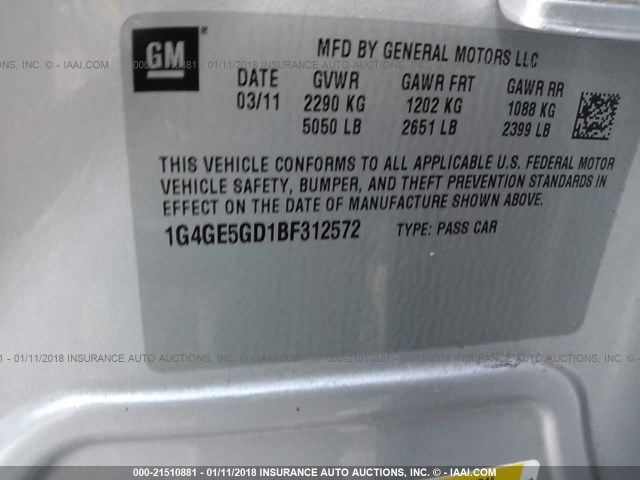 1G4GE5GD1BF312572 - 2011 BUICK LACROSSE CXS GRAY photo 9